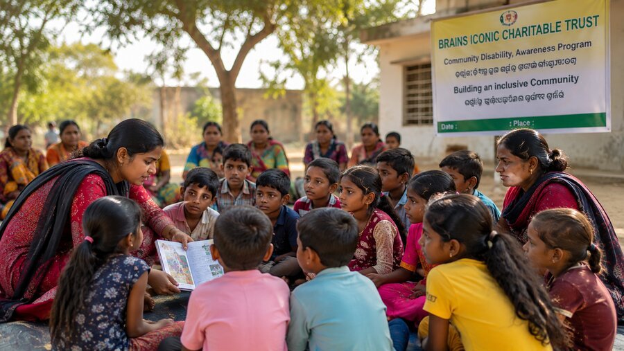 A volunteer reads with a circle of children from a tribal community in Odisha.