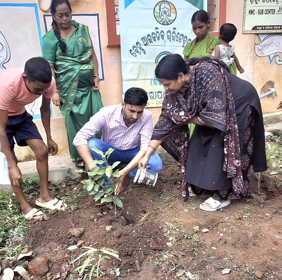 A Brains Iconic Charitable Trust volunteer planting a sapling with community members during a plantation drive in Keonjhar district.